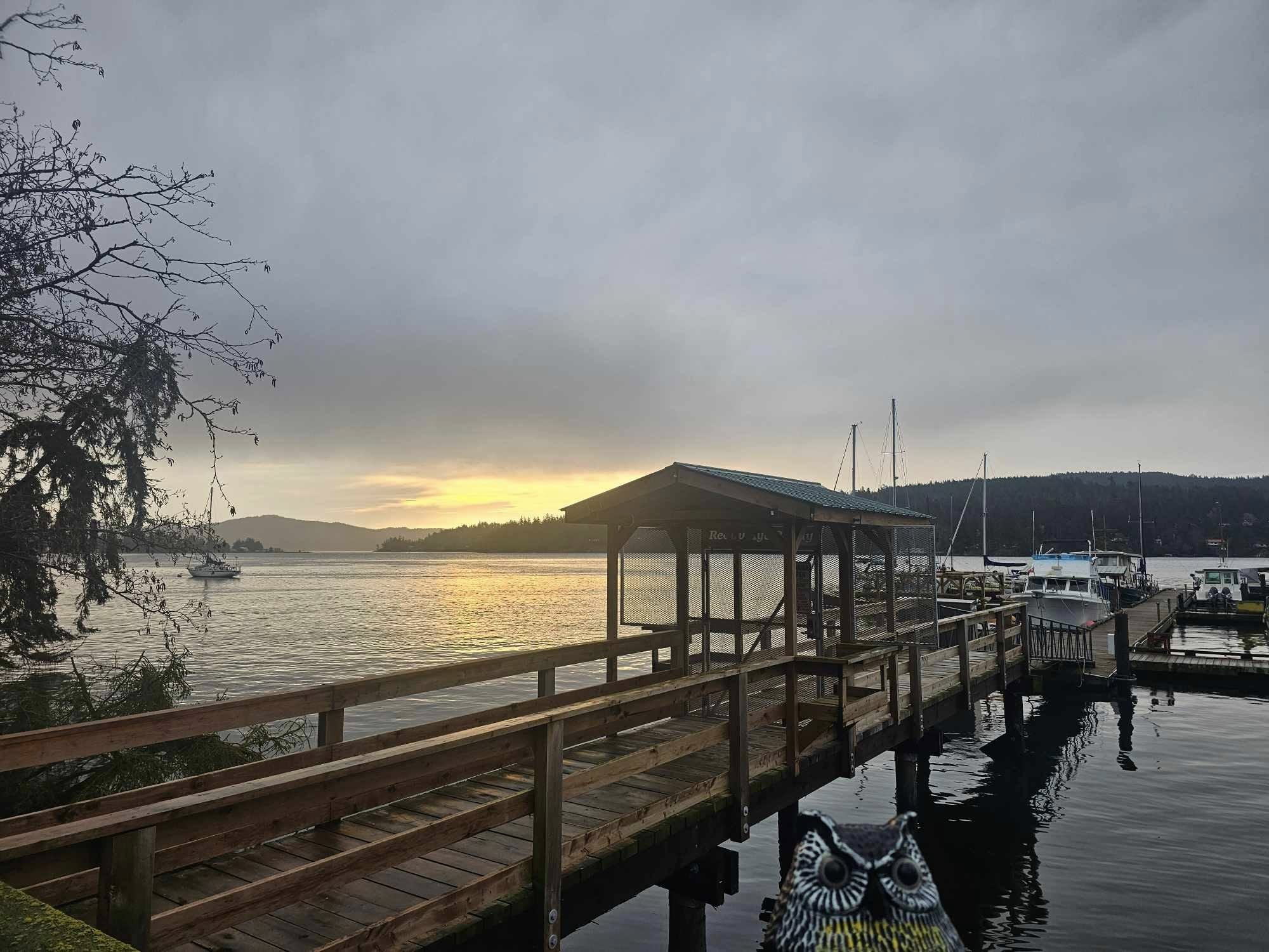 Wooden dock at Sooke Landing Marina at sunset